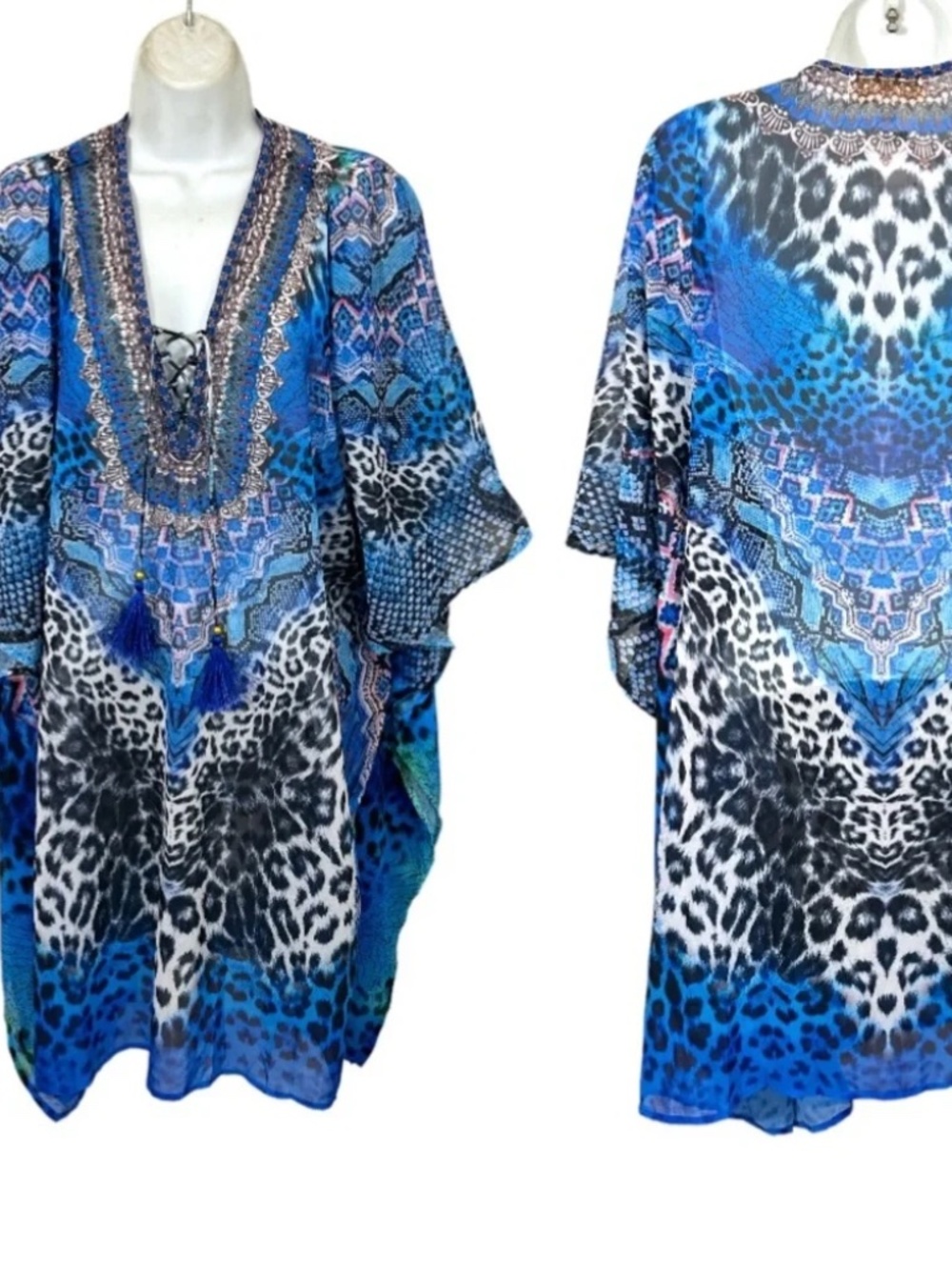 NWT True Colours by La Moda Blue Cat Maxi Swim Cover Up Caftan